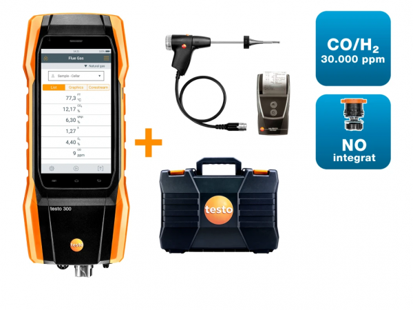 Set 3 testo 300 NEXT LEVEL - Analizor de gaze de ardere cu senzori de O₂, CO compensat cu H2 până la 30,000 ppm și NO