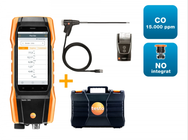 Set testo 300 cu sondă flexibilă - Analizor de gaze de ardere cu senzor de O₂, CO până la 15,000 ppm și NO
