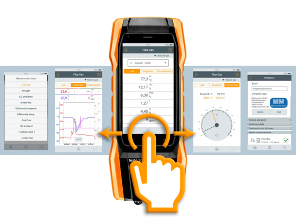 Set testo 300 cu sondă flexibilă - Analizor de gaze de ardere cu senzor de O₂, CO până la 15,000 ppm și NO