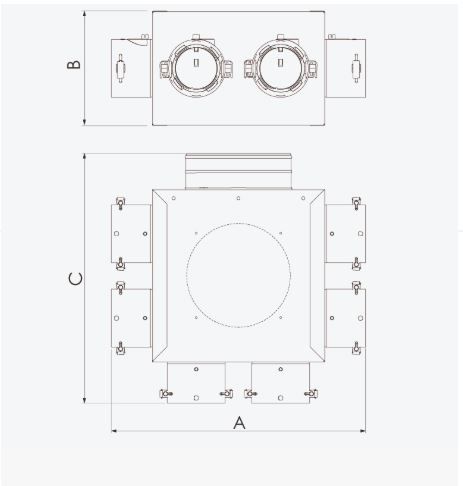 Plenum H160 izolat pentru MVHR 6 iesiri Ø75, conectare Ø 150 cu clapeta reglabila